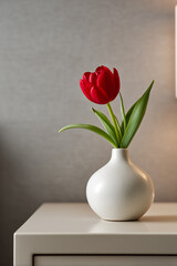 composition with a bright red tulip in a white vase on a gray wall with copy space
