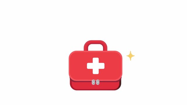 Flat red first-aid kit with bright tones and soft spark detail, styled as a clean vector motion element with alpha transparency in high-resolution clarity.

