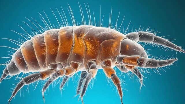 Highly detailed 3D microscopic view of small insect body with transparent texture and orange internal glow, microbiology, science research, and the fascinating complexity of microscopic organisms.