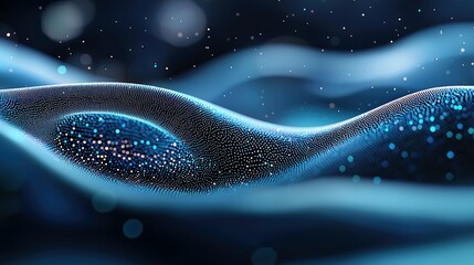 An abstract digital visualization of a flowing wave made of countless small particles, illuminated by glowing blue and pink lights, set against a dark, starry b