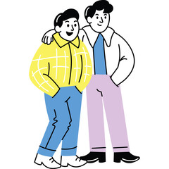 Two Men Standing Together One With Yellow Plaid Shirt Blue Pants And Other In White Shirt Blue Tie Pink Pants And Black Shoes With White Soles Embracing Each Other With Happy Expressions On White