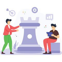 Two Men Strategizing with a Giant Chess Piece in a Modern Abstract Setting with a Target Icon and Gear Symbol Above