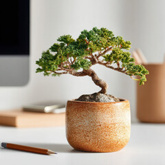 Miniature bonsai tree in ceramic pot on desk with pencil