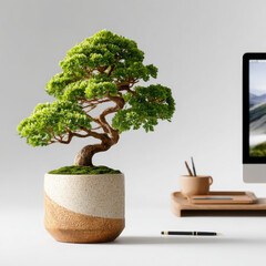Bonsai tree in ceramic pot on desk with computer and pen