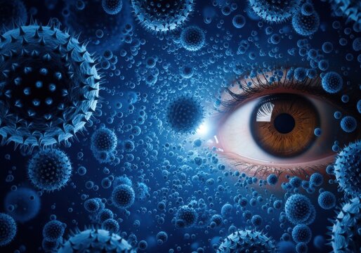 Closeup of a human eye observing a microscopic view of numerous blue virus particles, symbolizing disease and infection