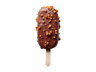 Chocolate covered ice cream bar with nuts on stick