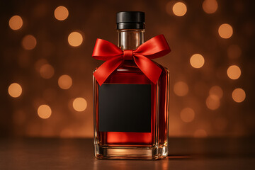 Glass bottle of whiskey with black blank label, red bow on festive background with copy space
