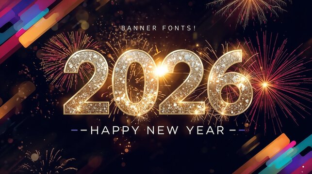 2026 Happy new year celebration greeting card, Banner, Poster, post Design sparkler font and firework isolated background - Powered by Adobe