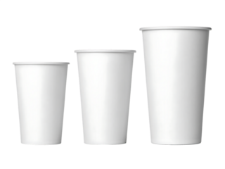 Three white disposable cups of different sizes