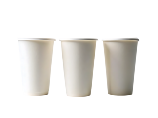 Three plain white disposable paper cups on black background