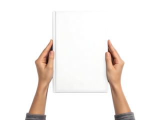 Hands holding blank white book cover on black background