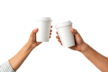 Two hands holding white coffee cups in celebration