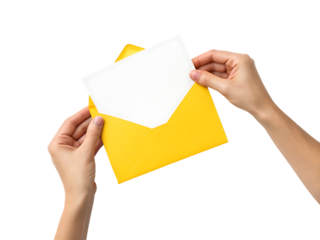 Hands opening a bright yellow envelope with white paper