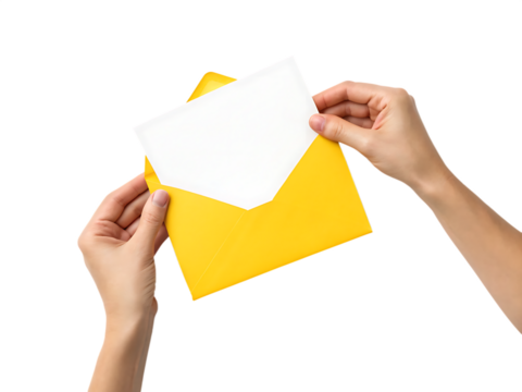 Hands opening a bright yellow envelope with white paper