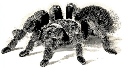 Fluffy tarantula with eight hairy legs is depicted in detail.
