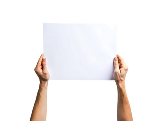 Fototapeta premium Hands holding blank white paper against black background