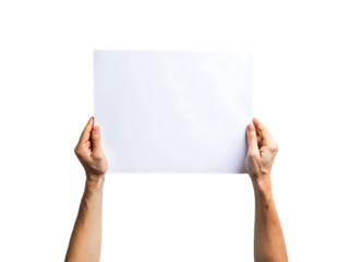 Hands holding blank white paper against black background