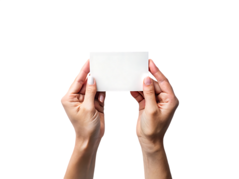 Hands holding blank white card against black background