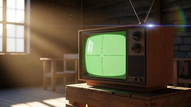 Sunlit vintage television with green screen in dusty rustic loft setting.