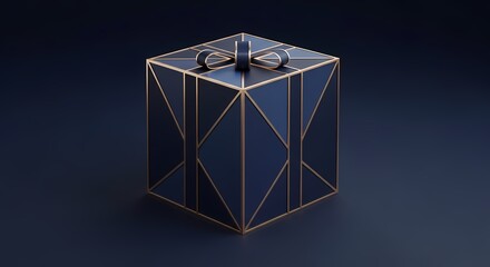 Luxurious Dark Blue Geometric Gift Box with Golden Lines and Elegant Bow on a Dark Background