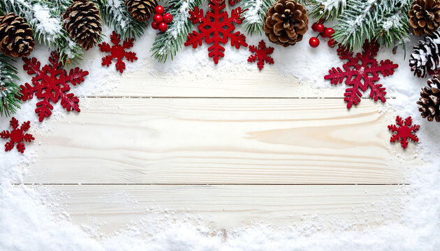 Borde de Navidad con Copos Rojos, Piñas, Nieve y Ramas en Fondo de Madera Clara
