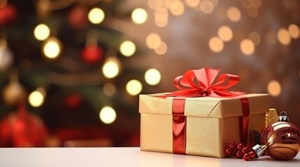 A beautifully wrapped golden gift box with a red ribbon sits on a table in front of a blurred Christmas tree.