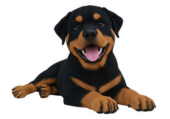 Fototapeta premium Happy rottweiler puppy lying down, isolated on a black background, smiling isolated on transparent background