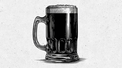 Detailed etching style illustration of a dark beer mug with foam.