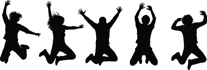 Jumping people silhouettes, energetic group pose, joyful human figures, active celebration scene, dynamic motion illustration, expressive jumping artwork design