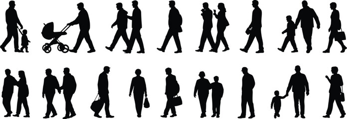 Silhouettes of diverse people walking in urban surroundings, families, couples, and individuals moving outdoors, city lifestyle illustration for design projects