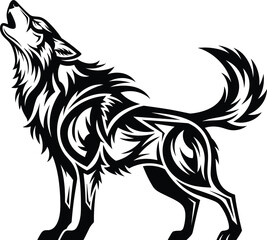 Powerful black tribal style wolf silhouette howling at the moon, featuring decorative lines and geometric patterns, perfect for a tattoo, logo, mascot, or animal spirit vector design.