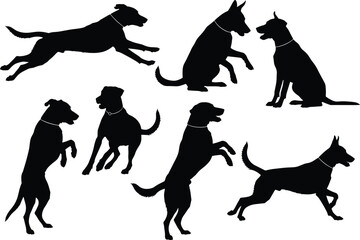 Silhouette dogs in various active poses, running, jumping, sitting, playful canine actions, pet behavior illustration, energetic dog movement collection
