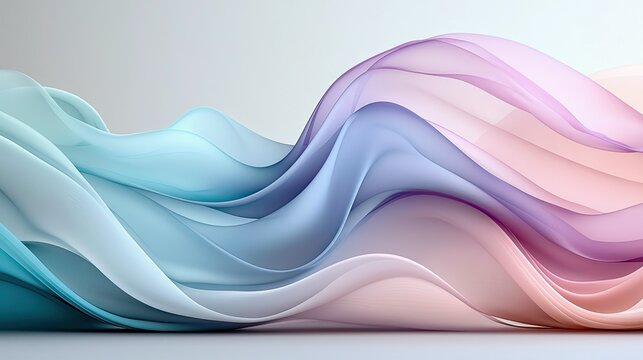Abstract flowing fabric waves in pastel colors, transitioning from cool blues to warm pinks and purples, with soft, diffused lighting creating a gentle and ethe