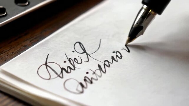 Close-up of a fountain pen writing on a white notepad, showcasing elegant cursive handwriting.