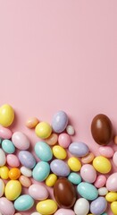 Obraz premium A festive arrangement of colorful pastel candies, chocolate eggs, and sweet jelly beans, perfect for celebrating the joyful spring holiday ,confection ,yummy ,jelly bean
