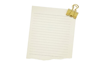 A blank lined paper note with dashed lines, held by a gold binder clip, isolated on transparent background