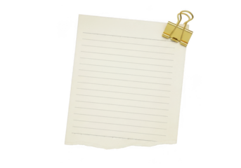 A blank lined paper note with dashed lines, held by a gold binder clip, isolated on transparent background