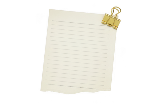 A blank lined paper note with dashed lines, held by a gold binder clip, isolated on transparent background
