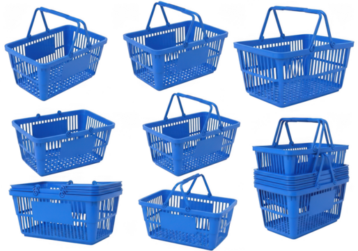 Collection of blue plastic shopping baskets isolated on transparent background