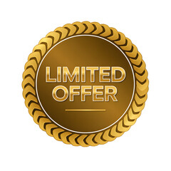 Cutout golden circular badge or seal featuring shiny metallic text that clearly states limited offer isolated on transparent background