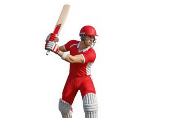Cricket batsman in red uniform ready to hit the ball, isolated on white background isolated on transparent background
