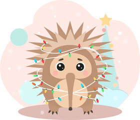 Australian echidna with Christmas lights. Xmas string lights with cute native australian animal greeting card. Australian holiday season Xmas background with adorable cartoon echidna.