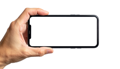 Hand Holding Black Smartphone with Blank Screen Isolated on a Transparent Background