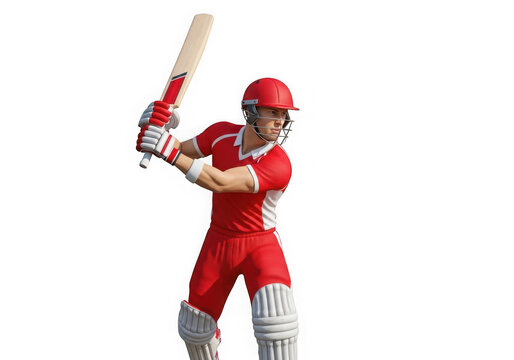 Cricket batsman in red uniform ready to hit the ball, isolated on white background isolated on transparent background