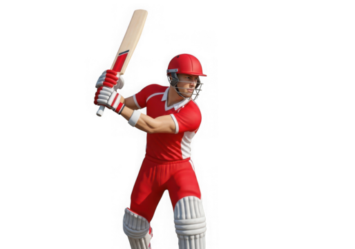 Cricket batsman in red uniform ready to hit the ball, isolated on white background isolated on transparent background