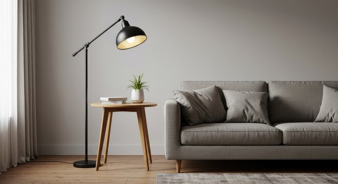 A modern wooden lamp table with an integrated light fixture standing next to a comfortable sofa in a bright living room setting ,comfortable ,shadow ,end table