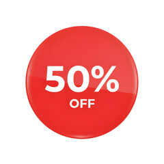 Cutout bright red glossy circular sticker or badge displaying a bold white text indicating a fifty percent discount offer, isolated on transparent background