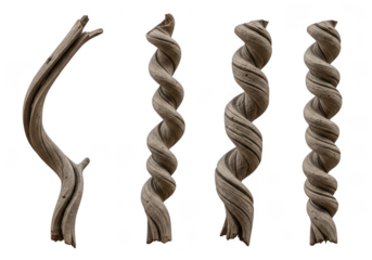 Four twisted wooden elements, one curved and three spiraled, isolated on transparent background