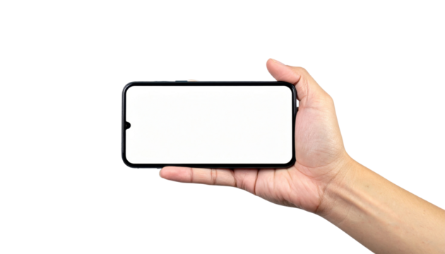 Hand Holding a Smartphone with Blank Screen on a Transparent Background Ready for Mockup Display