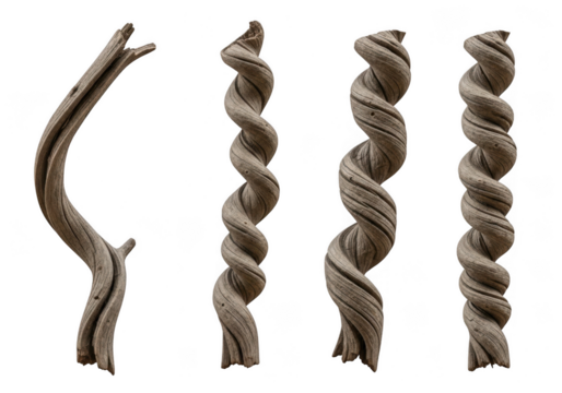 Four twisted wooden elements, one curved and three spiraled, isolated on transparent background